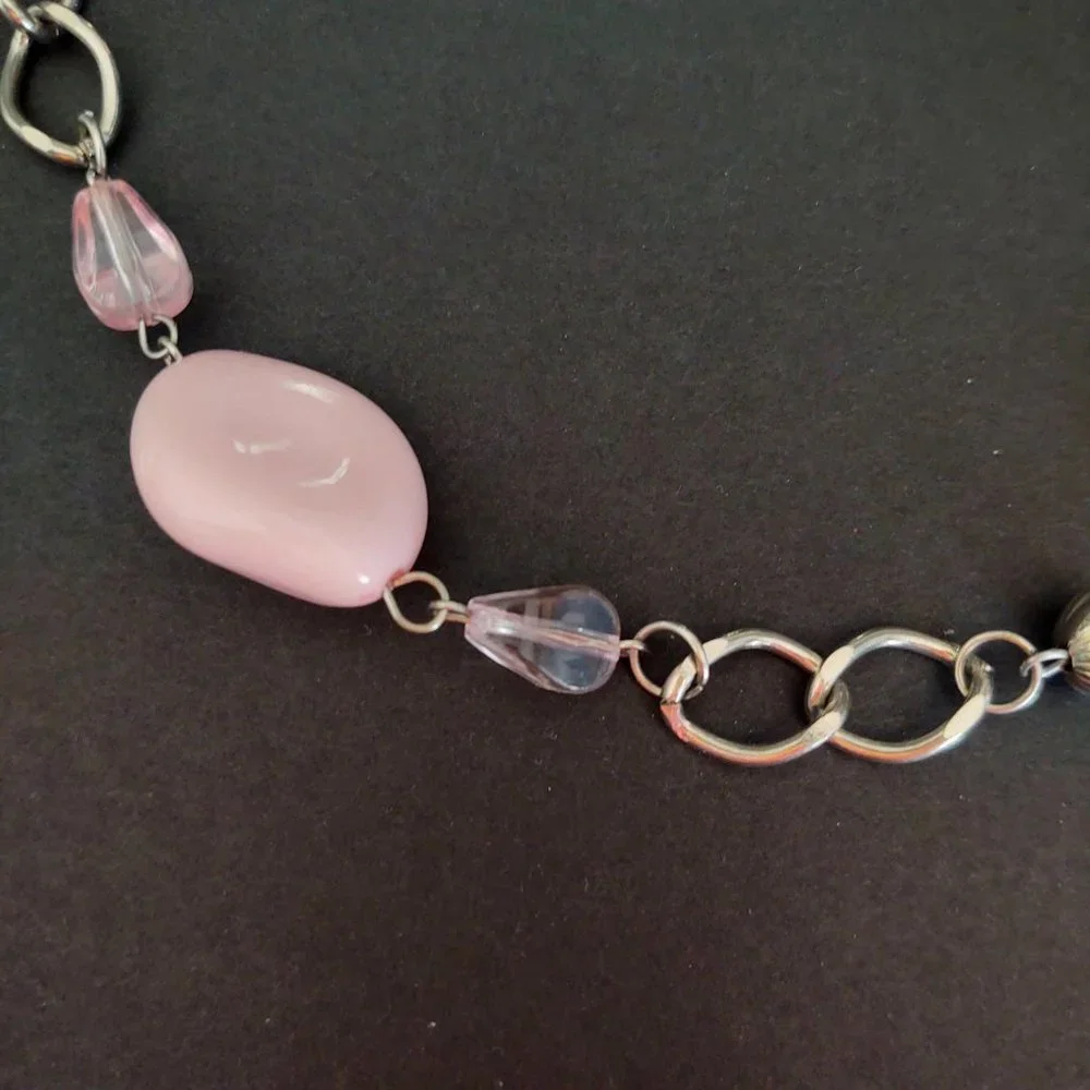 Long silver chain necklace with pink beads